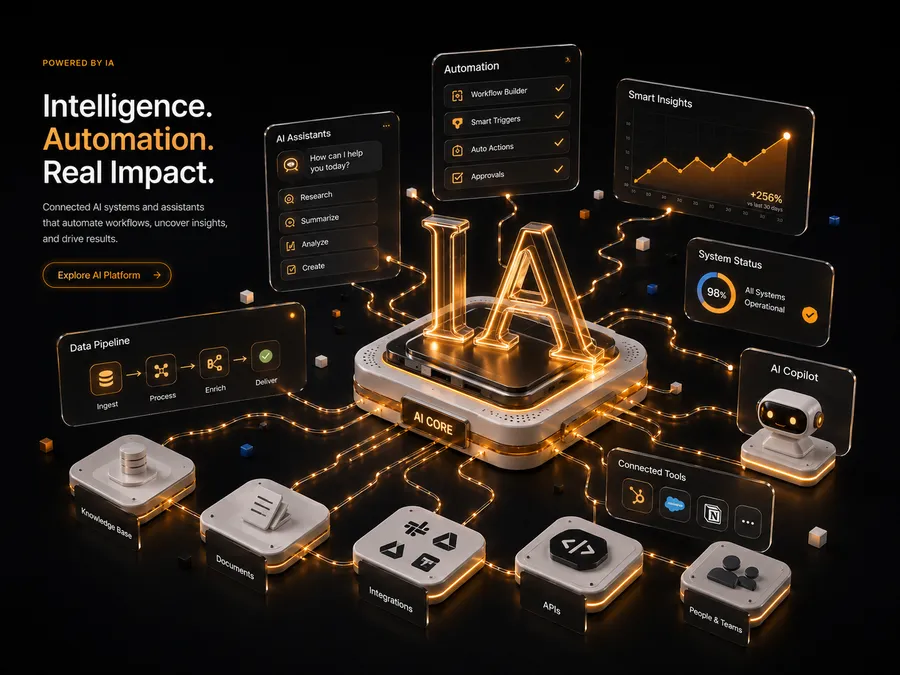Ilustración 3D de un chip de IA conectado a herramientas de contenido, datos y medición