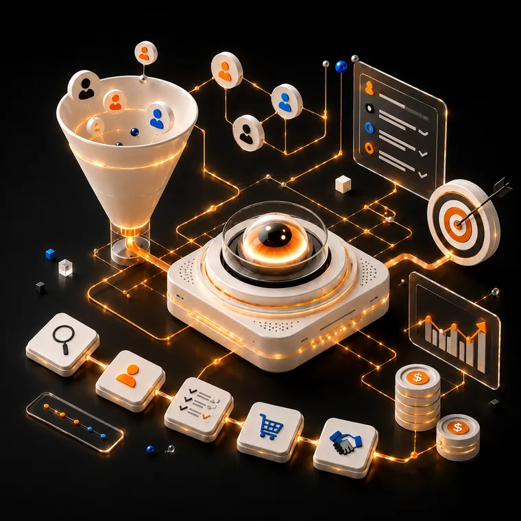 Ilustración 3D de un embudo de conversión con objetivo y crecimiento